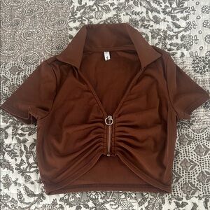 Zaful Brown Collared Zip-Up Women Cropped Top size S